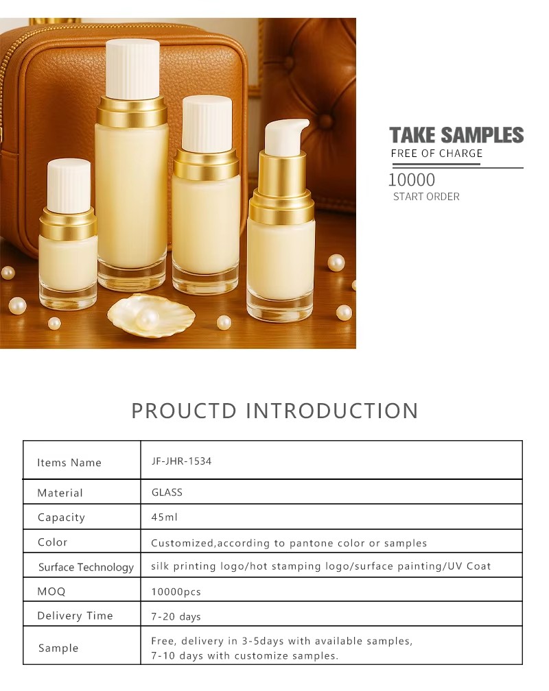 Luxury Custom Packaging 45ml Transparent Clear White Gold Lid Essential Oil Body Lotion Skin Care Cream Serum Glass Pump Bottles