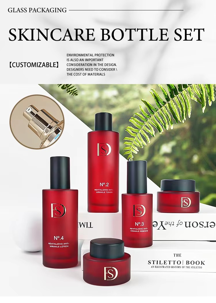 Skincare Bottles Packaging Luxury Red Color 120ml 40ml 50g 30g Custom logo Cosmetic Glass Bottle Lotion Pump