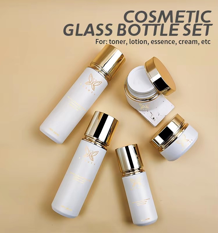 Glass White Skincare Cream Jar and Pump Spray Bottle Set Empty Skin Care Lotion
