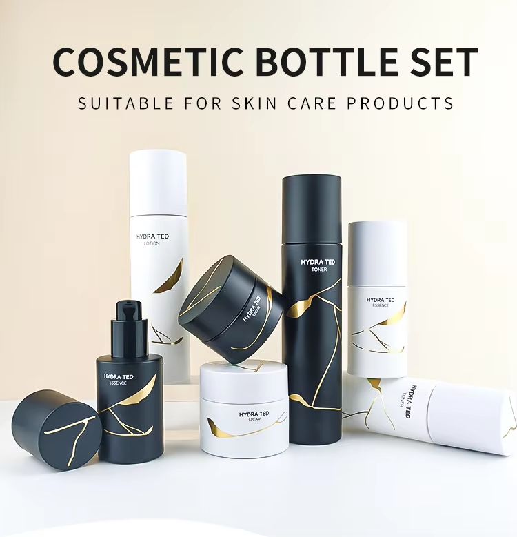 New Arrival Eco-friendly Cosmetic Glass Bottle Set White Black Gold Round Skin Care Lotion Pump Bottle and Jar
