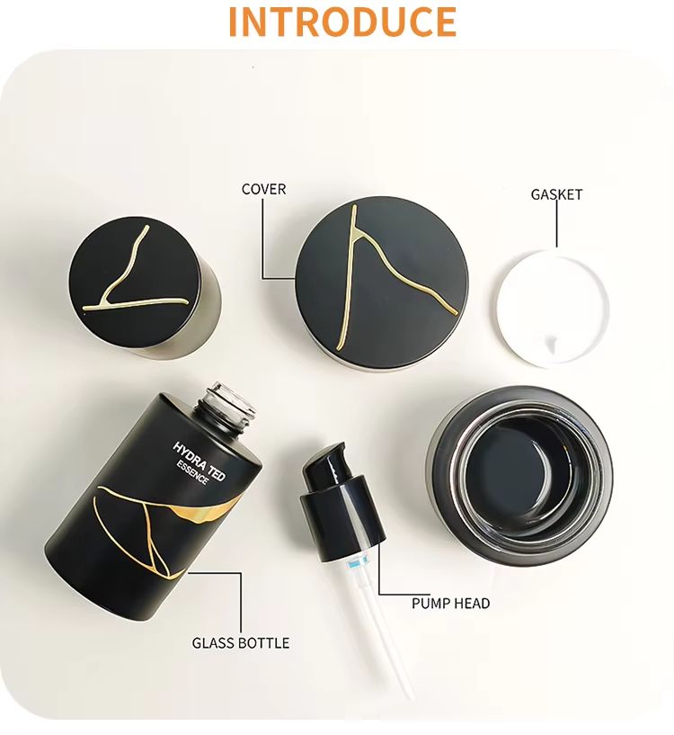 New Arrival Eco-friendly Cosmetic Glass Bottle Set White Black Gold Round Skin Care Lotion Pump Bottle and Jar