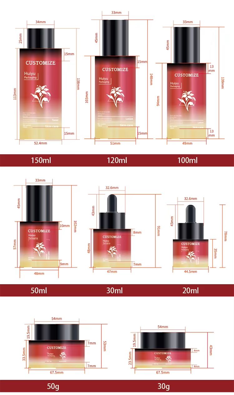 Hot Sell 30ml 50ml 100ml 120ml Cosmetics Glass Packaging Set Custom Red Serum Bottles Amber Jar With Lips