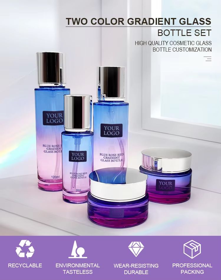 Luxury Blue pink Gradient Cosmetic Glass Bottles Containers Packing Set for Skin Care Toner Lotion Dropper 50g 30 50 100 120ml