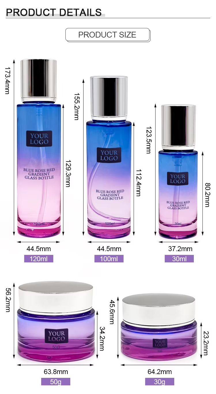 Luxury Blue pink Gradient Cosmetic Glass Bottles Containers Packing Set for Skin Care Toner Lotion Dropper 50g 30 50 100 120ml