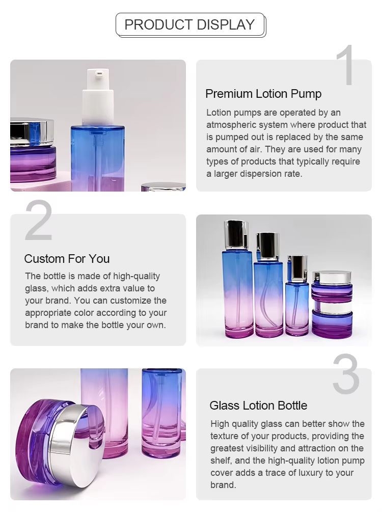 Luxury Blue pink Gradient Cosmetic Glass Bottles Containers Packing Set for Skin Care Toner Lotion Dropper 50g 30 50 100 120ml