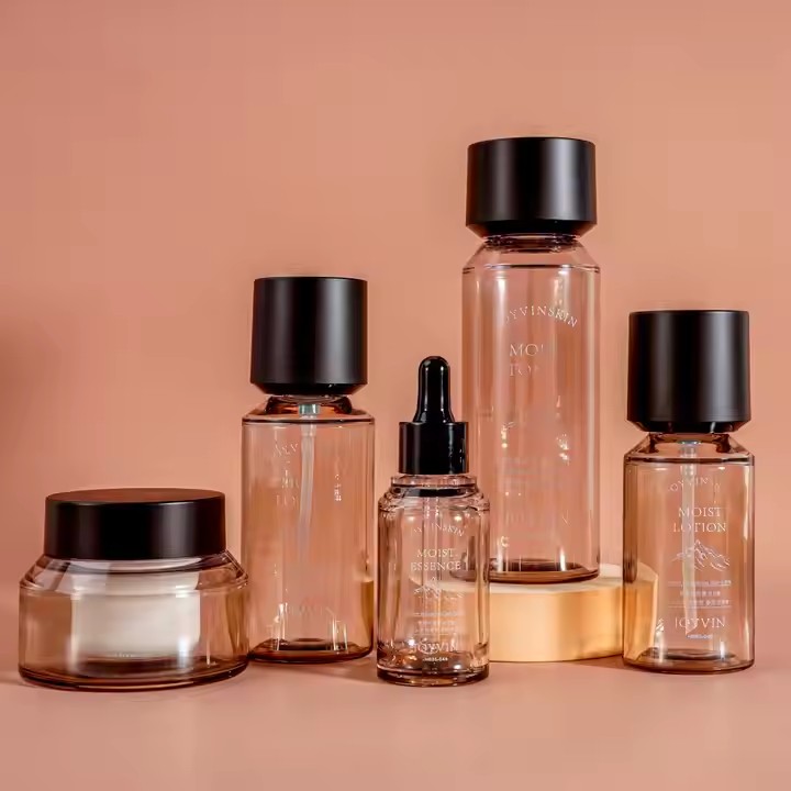 High Quality Amber PETG Skincare Bottle Set Custom Sloping Design