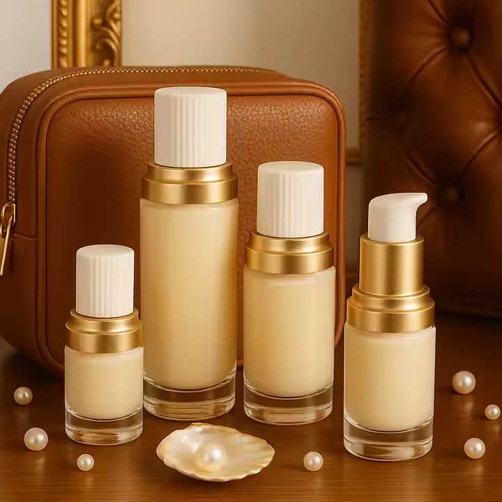 Luxury Custom Packaging 45ml Transparent Clear White Gold Lid Essential Oil Body Lotion Skin Care Cream Serum Glass Pump Bottles