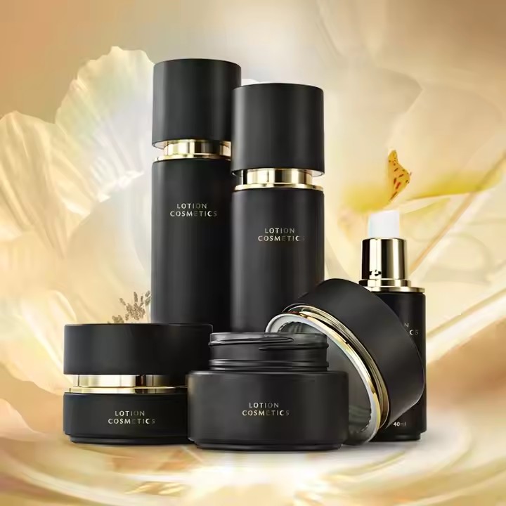 30ml 50ml Empty Luxury Cosmetic Skin Care Set Frosted Black Gold Glass Lotion Bottle With Pump