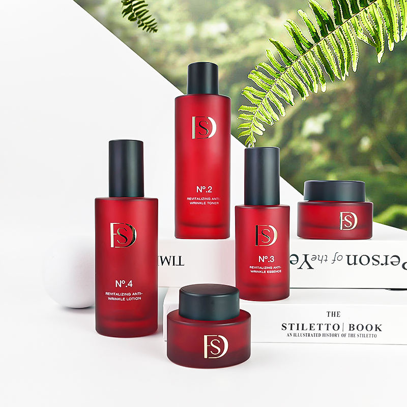 Skincare Bottles Packaging Luxury Red Color 120ml 40ml 50g 30g Custom logo Cosmetic Glass Bottle Lotion Pump
