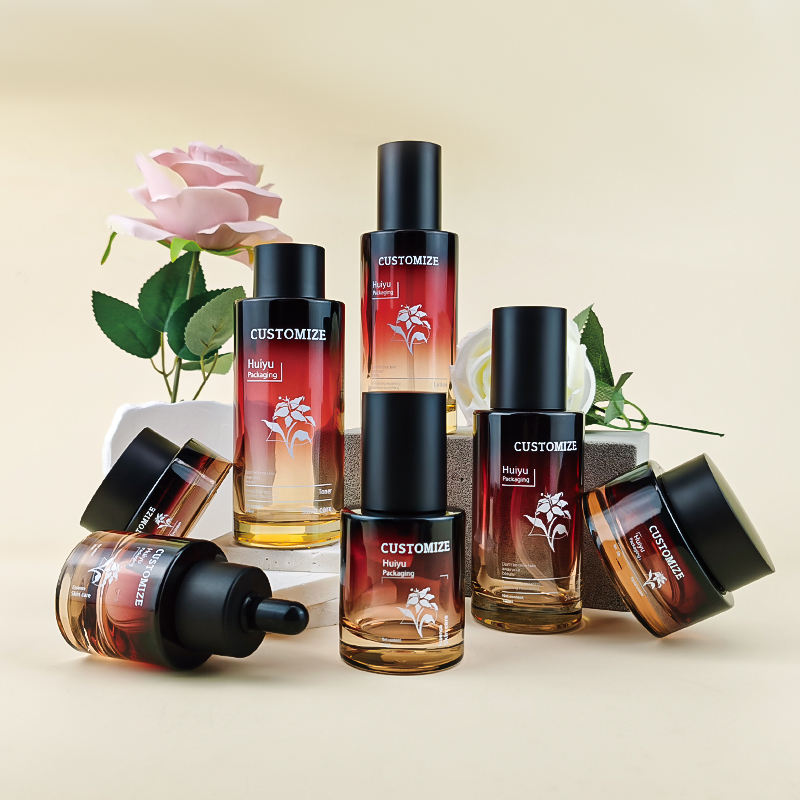 Hot Sell 30ml 50ml 100ml 120ml Cosmetics Glass Packaging Set Custom Red Serum Bottles Amber Jar With Lips
