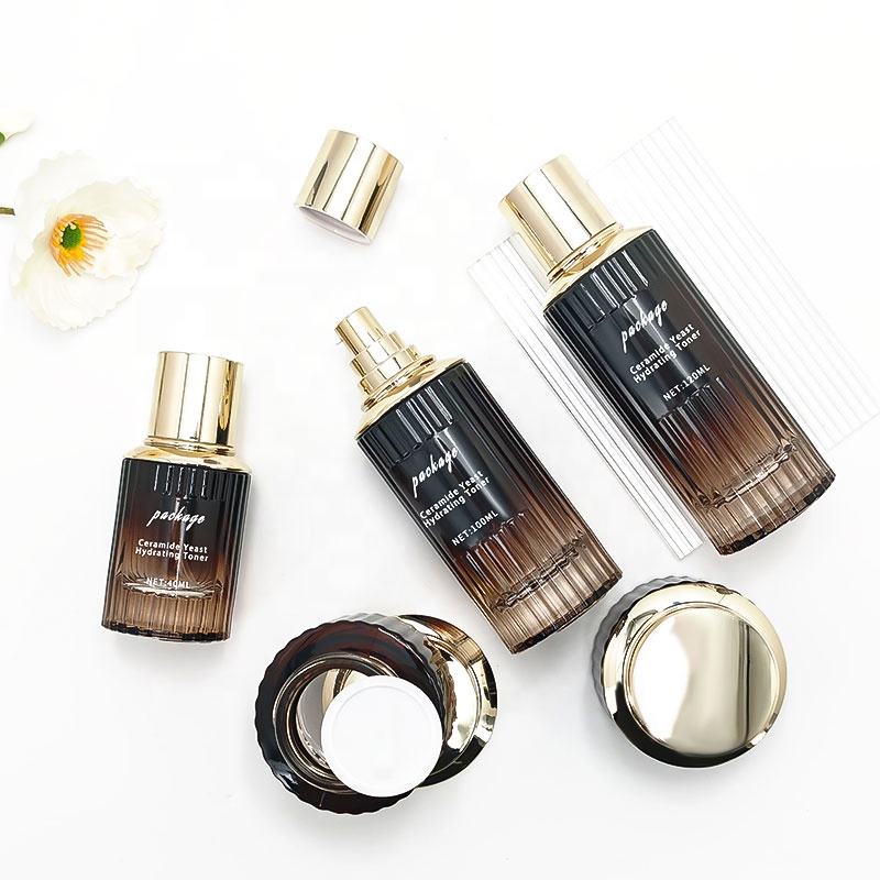 Wholesale New Striped Brown Gradient Skin Care Set with Glass Pushdown Lid